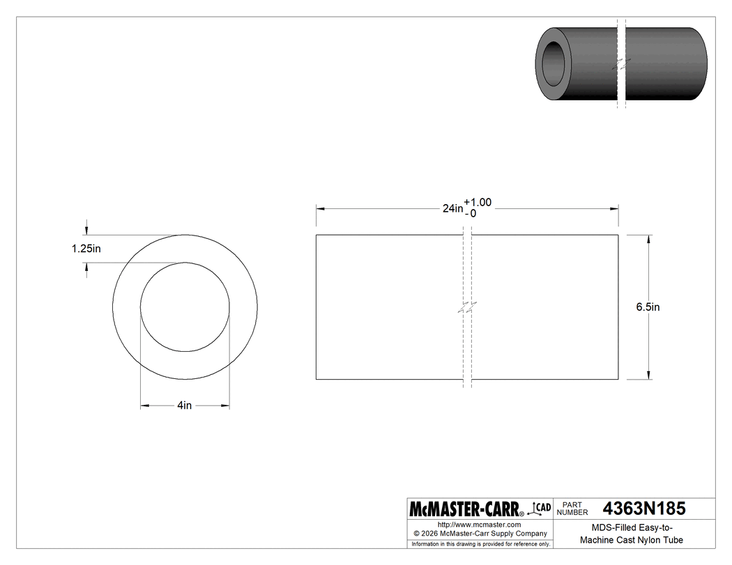 Technical Drawing of MDS-Filled Easy-to-Machine Cast Nylon Tube, Wear-Resistant, 1-1/4" Wall Thickness, 6-1/2" OD, 4" ID, 2 Feet Long.